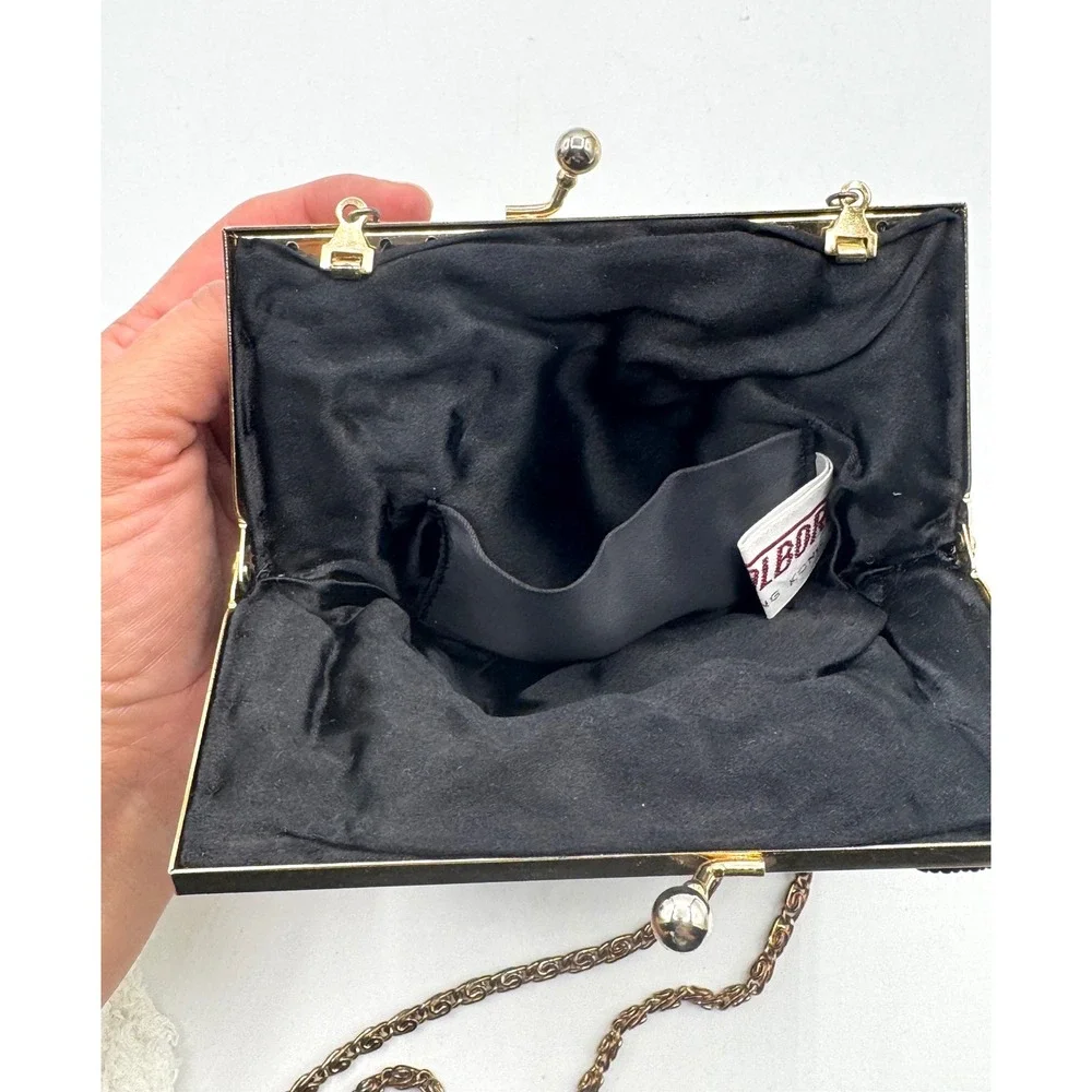 Walborg Vintage Black Beaded Shell Clutch Evening Bag Gold Chain Strap Hong Kong